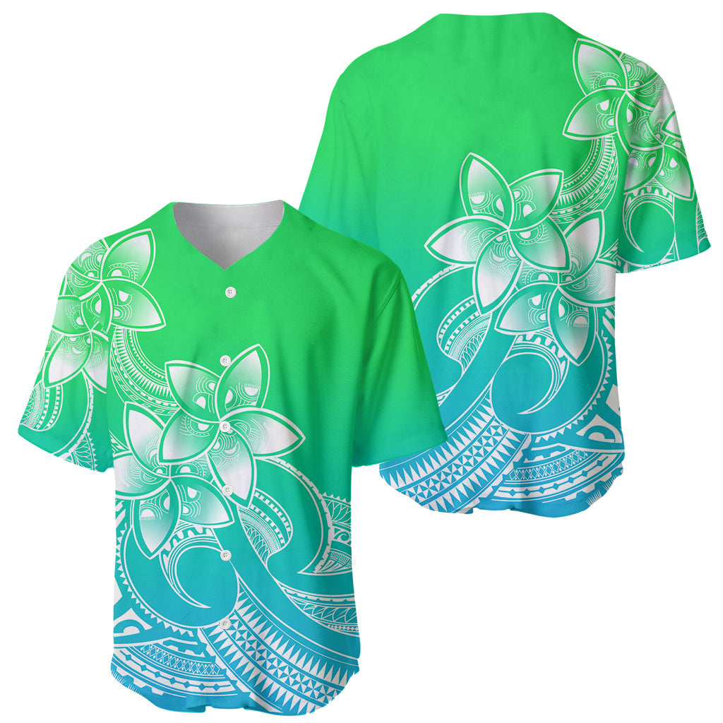 Polynesian Pride Plumeria Flowers Baseball Jersey Polynesian Tribal Gradient Green LT9 - Wonder Print Shop