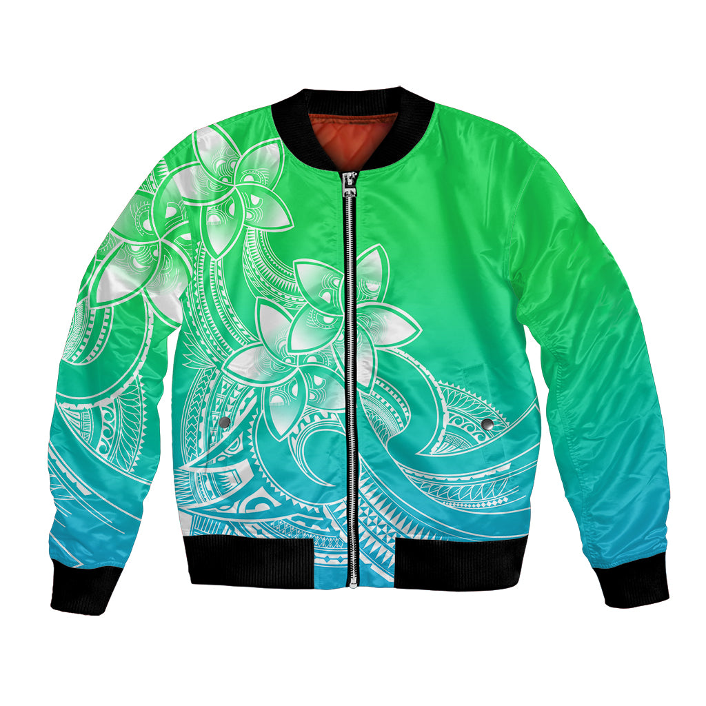 Polynesian Pride Plumeria Flowers Bomber Jacket Polynesian Tribal Gradient Green LT9 - Wonder Print Shop