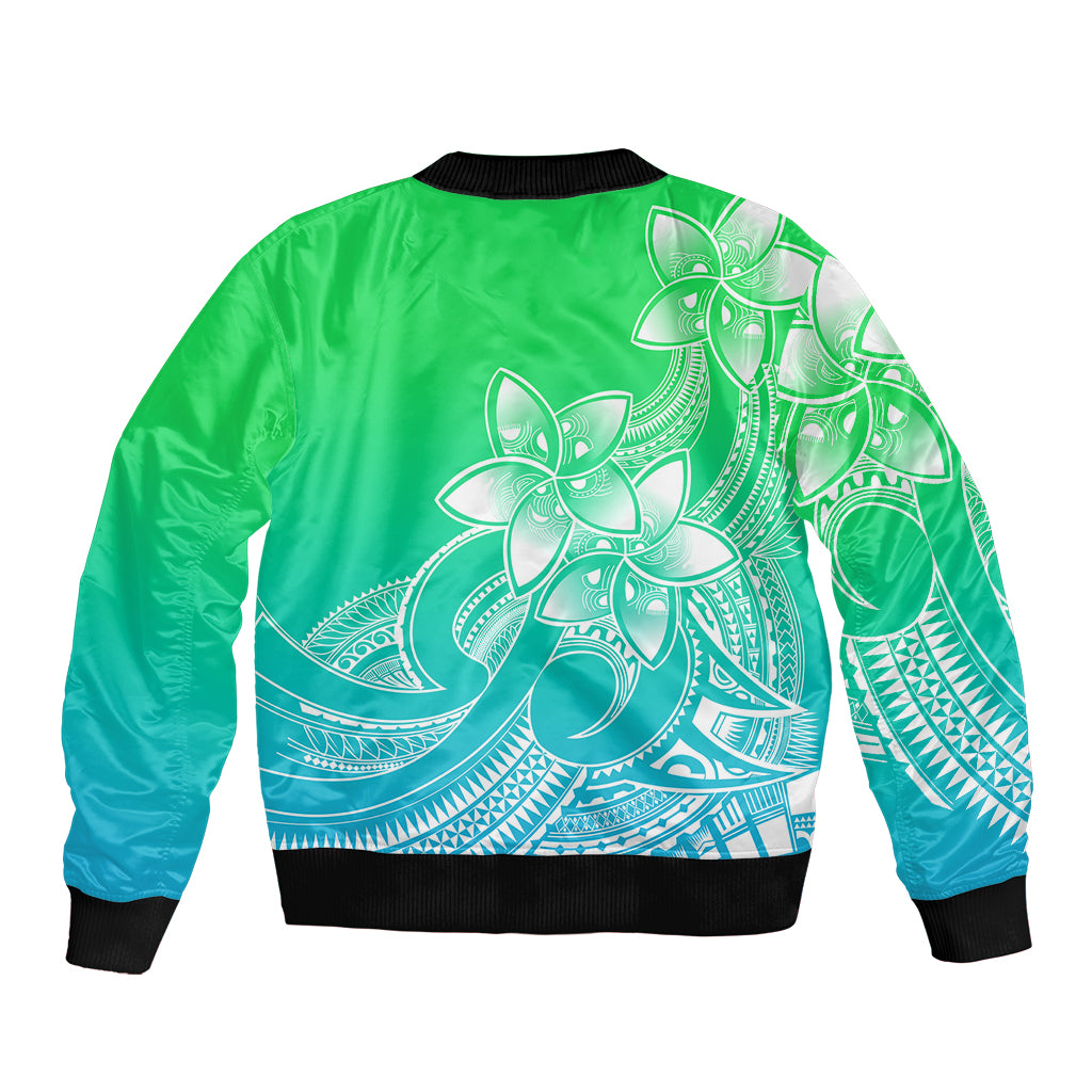 Polynesian Pride Plumeria Flowers Bomber Jacket Polynesian Tribal Gradient Green LT9 - Wonder Print Shop