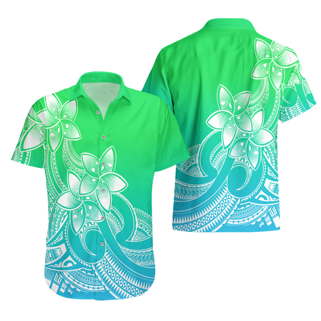 Polynesian Pride Plumeria Flowers Hawaiian Shirt Polynesian Tribal Gradient Green - Wonder Print Shop