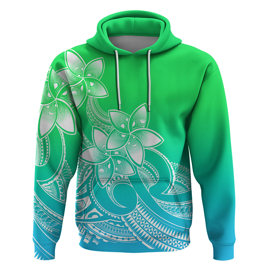 Polynesian Pride Plumeria Flowers Hoodie Polynesian Tribal Gradient Green - Wonder Print Shop