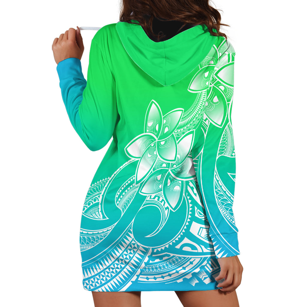 Polynesian Pride Plumeria Flowers Hoodie Dress Polynesian Tribal Gradient Green - Wonder Print Shop