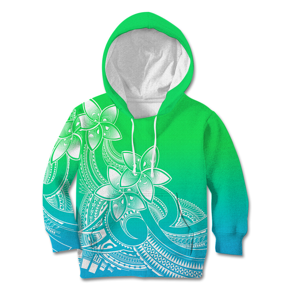 Polynesian Pride Plumeria Flowers Kid Hoodie Polynesian Tribal Gradient Green - Wonder Print Shop