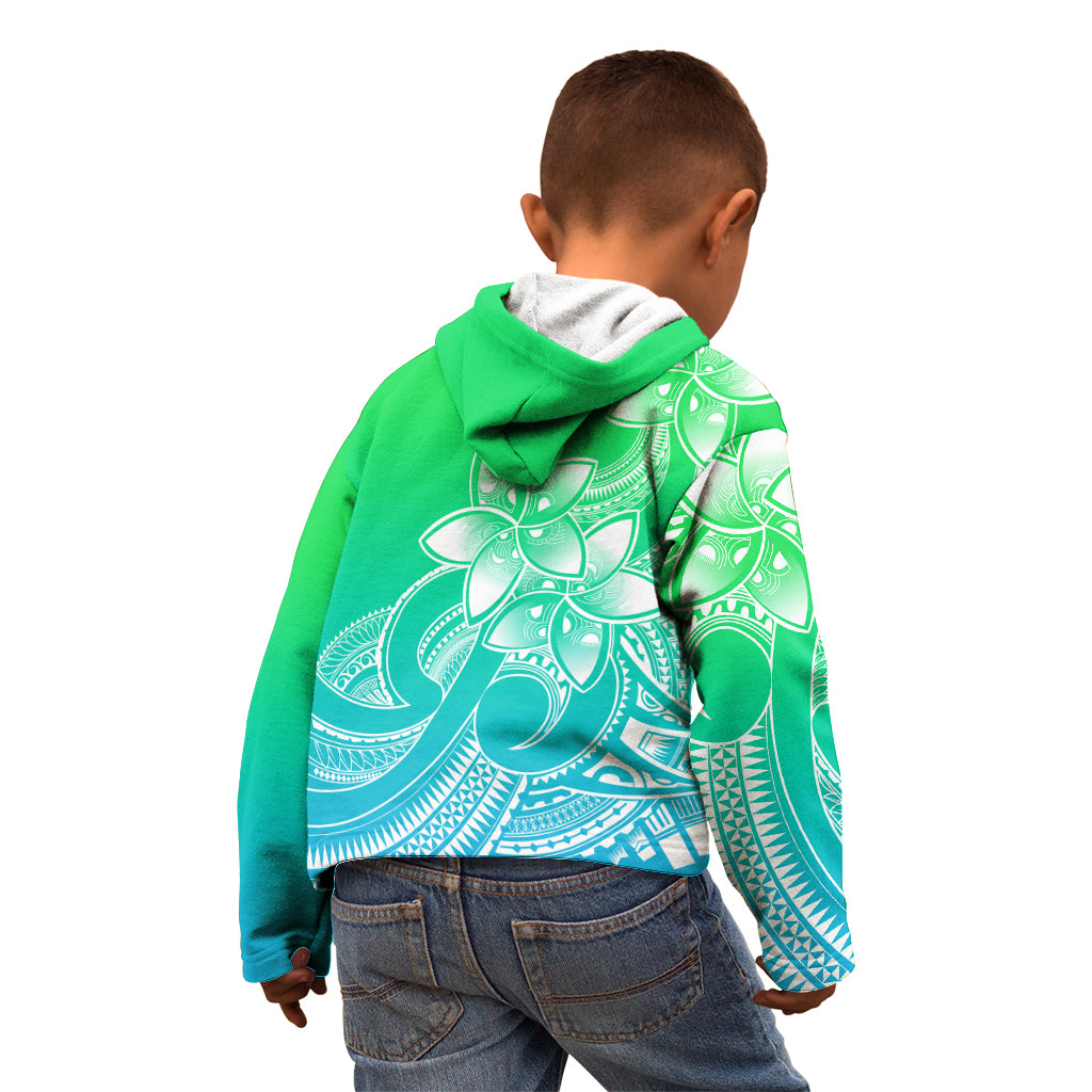 Polynesian Pride Plumeria Flowers Kid Hoodie Polynesian Tribal Gradient Green - Wonder Print Shop