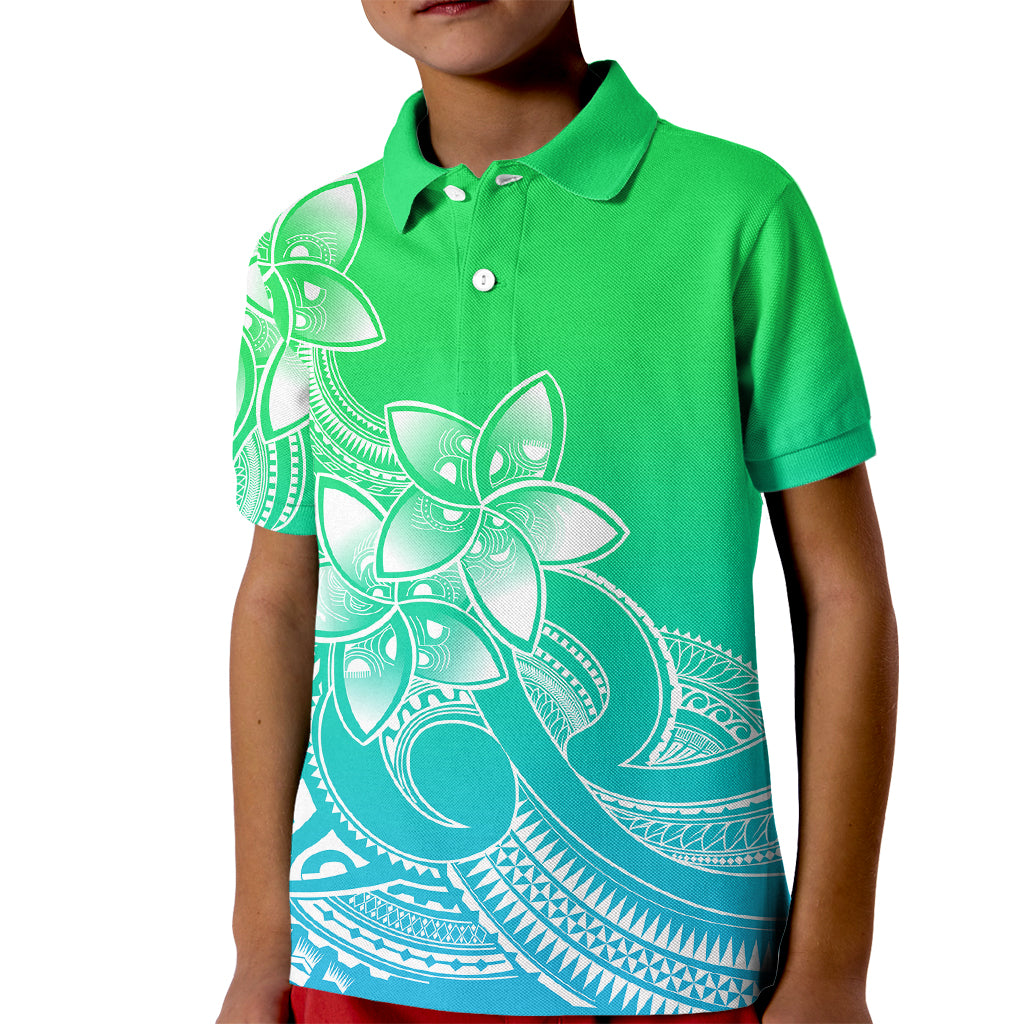 Polynesian Pride Plumeria Flowers Kid Polo Shirt Polynesian Tribal Gradient Green - Wonder Print Shop