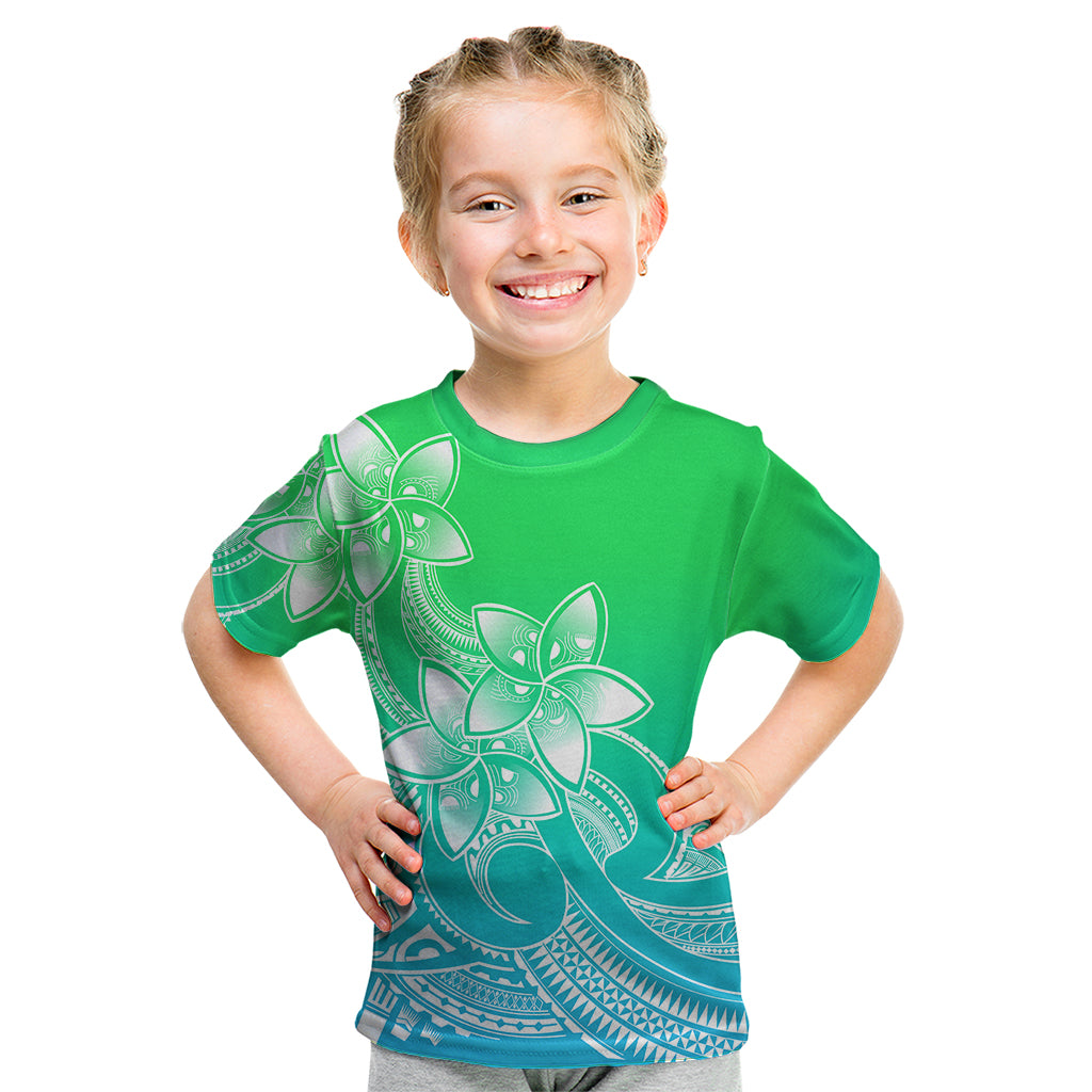 Polynesian Pride Plumeria Flowers Kid T Shirt Polynesian Tribal Gradient Green - Wonder Print Shop