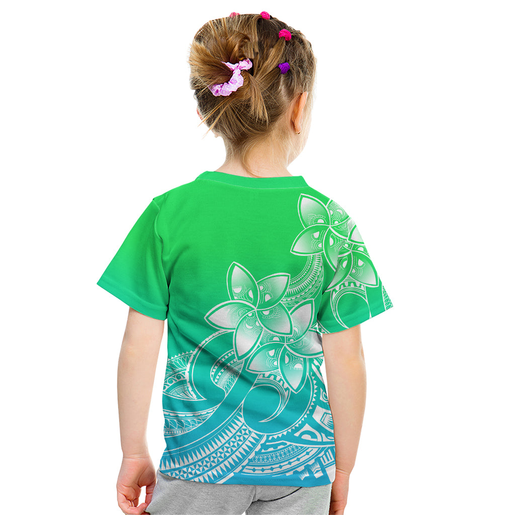Polynesian Pride Plumeria Flowers Kid T Shirt Polynesian Tribal Gradient Green - Wonder Print Shop