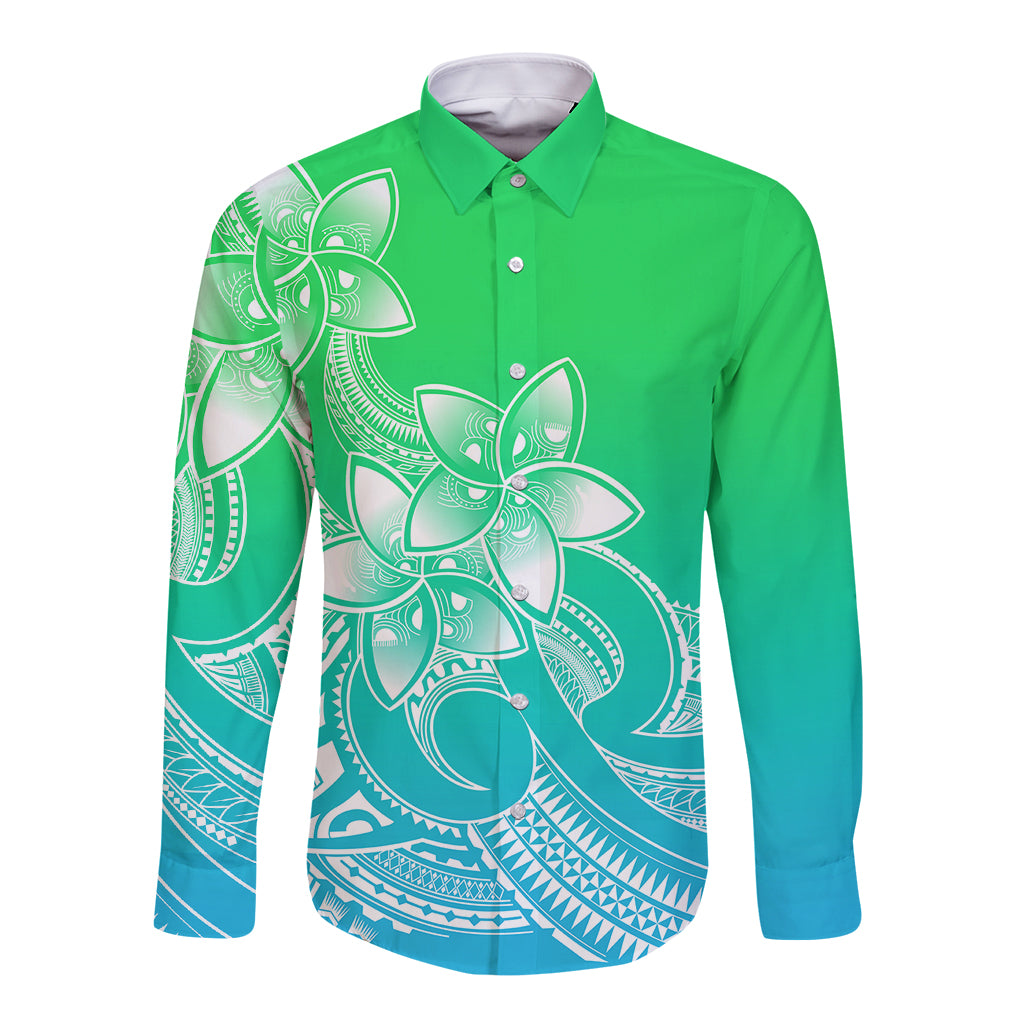 Polynesian Pride Plumeria Flowers Long Sleeve Button Shirt Polynesian Tribal Gradient Green - Wonder Print Shop