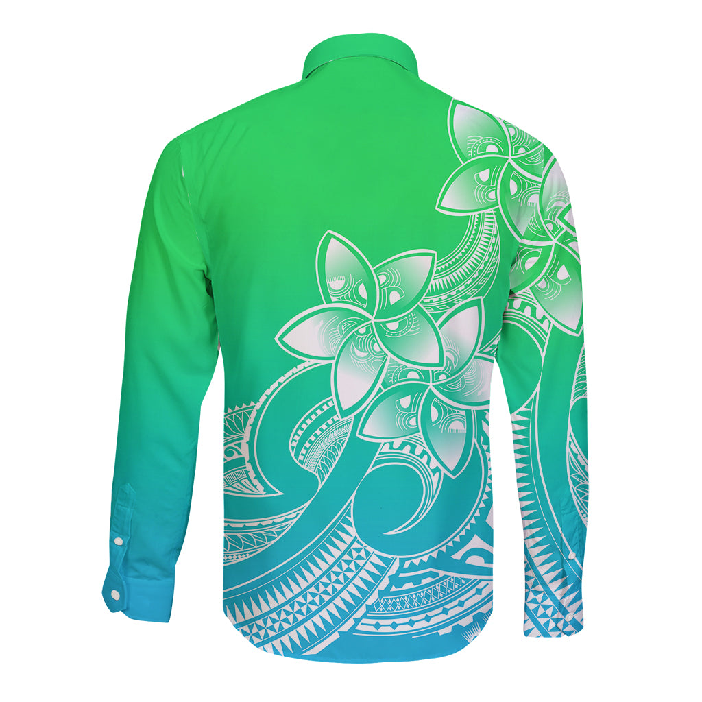 Polynesian Pride Plumeria Flowers Long Sleeve Button Shirt Polynesian Tribal Gradient Green - Wonder Print Shop