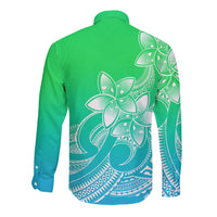 Polynesian Pride Plumeria Flowers Long Sleeve Button Shirt Polynesian Tribal Gradient Green - Wonder Print Shop