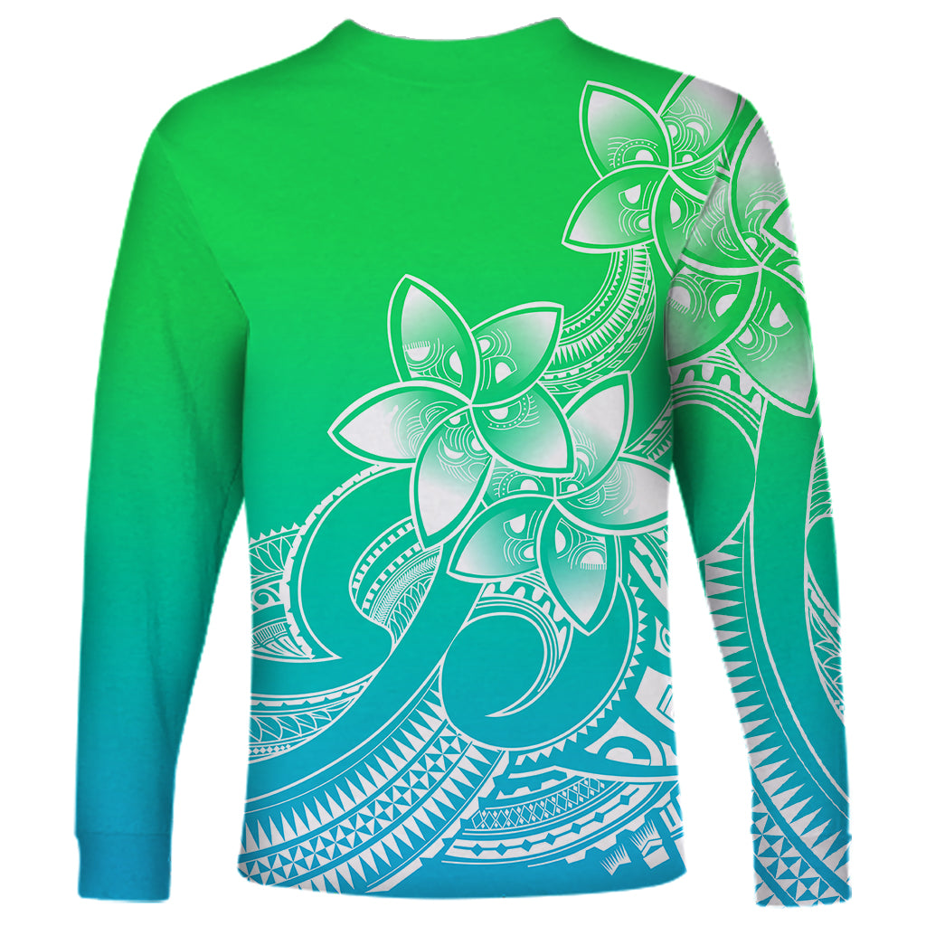 Polynesian Pride Plumeria Flowers Long Sleeve Shirt Polynesian Tribal Gradient Green - Wonder Print Shop