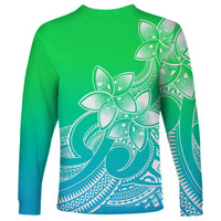 Polynesian Pride Plumeria Flowers Long Sleeve Shirt Polynesian Tribal Gradient Green - Wonder Print Shop