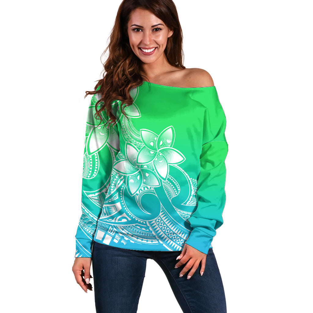 Polynesian Pride Plumeria Flowers Off Shoulder Sweater Polynesian Tribal Gradient Green - Wonder Print Shop