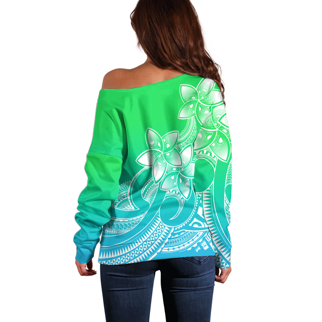 Polynesian Pride Plumeria Flowers Off Shoulder Sweater Polynesian Tribal Gradient Green - Wonder Print Shop