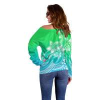 Polynesian Pride Plumeria Flowers Off Shoulder Sweater Polynesian Tribal Gradient Green - Wonder Print Shop