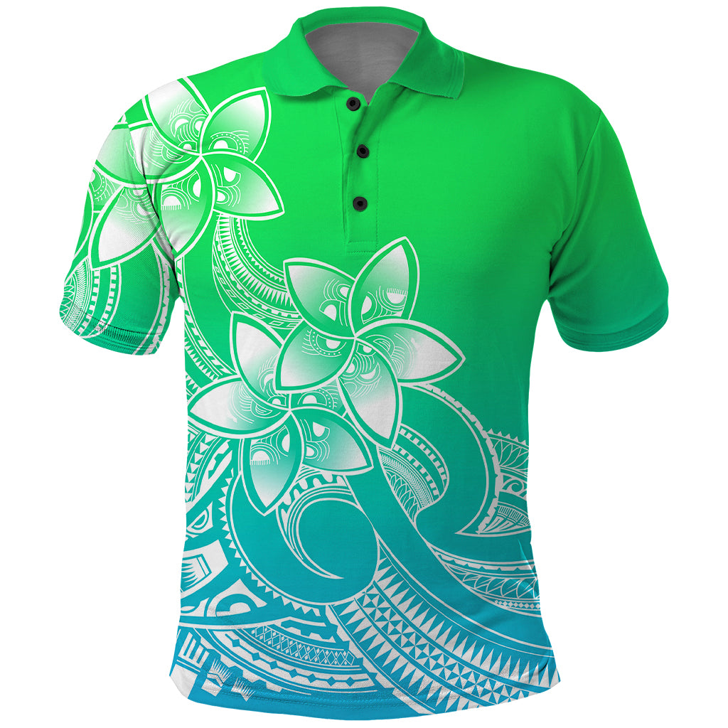 Polynesian Pride Plumeria Flowers Polo Shirt Polynesian Tribal Gradient Green - Wonder Print Shop