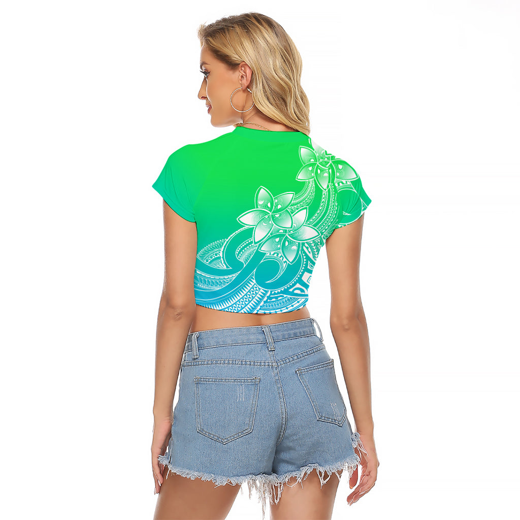 Polynesian Pride Plumeria Flowers Raglan Cropped T Shirt Polynesian Tribal Gradient Green - Wonder Print Shop