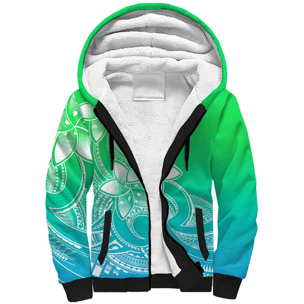 Polynesian Pride Plumeria Flowers Sherpa Hoodie Polynesian Tribal Gradient Green - Wonder Print Shop