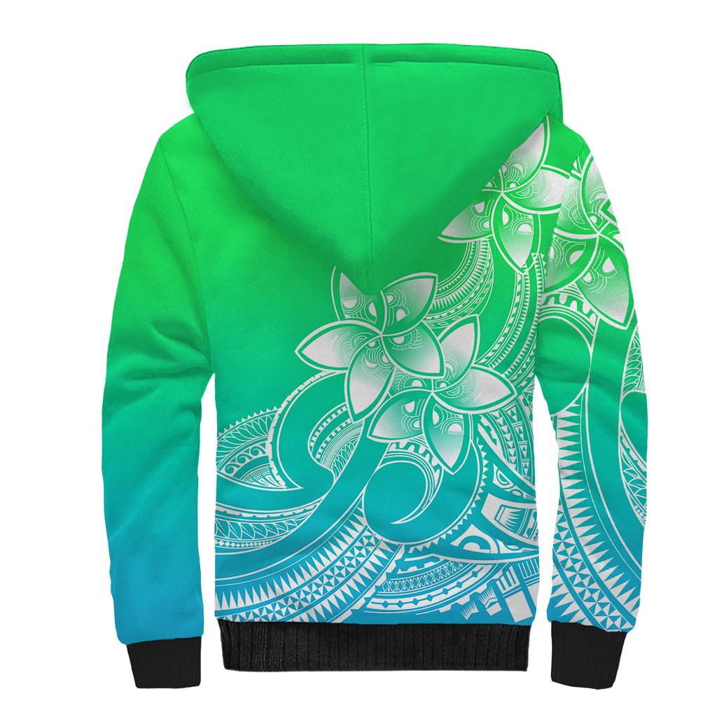 Polynesian Pride Plumeria Flowers Sherpa Hoodie Polynesian Tribal Gradient Green - Wonder Print Shop