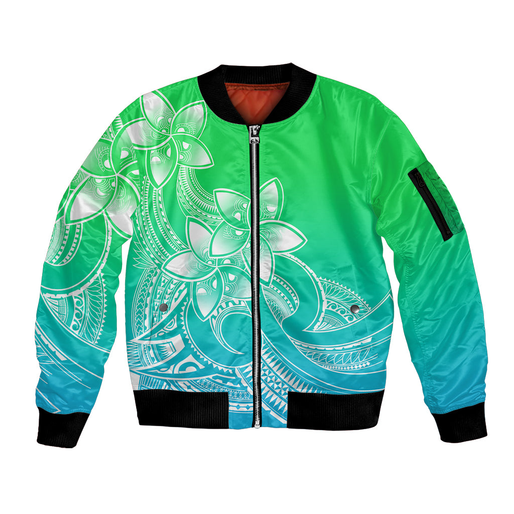 Polynesian Pride Plumeria Flowers Sleeve Zip Bomber Jacket Polynesian Tribal Gradient Green - Wonder Print Shop