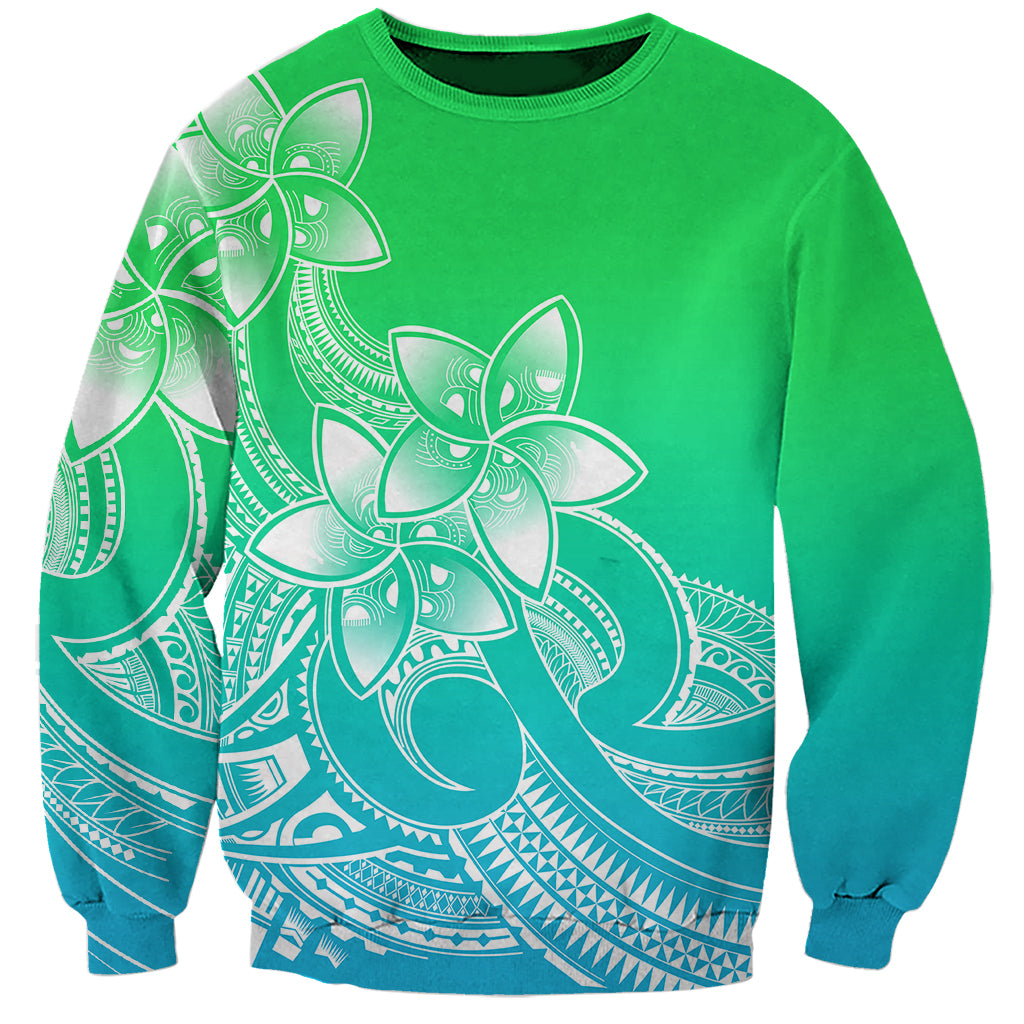 Polynesian Pride Plumeria Flowers Sweatshirt Polynesian Tribal Gradient Green - Wonder Print Shop