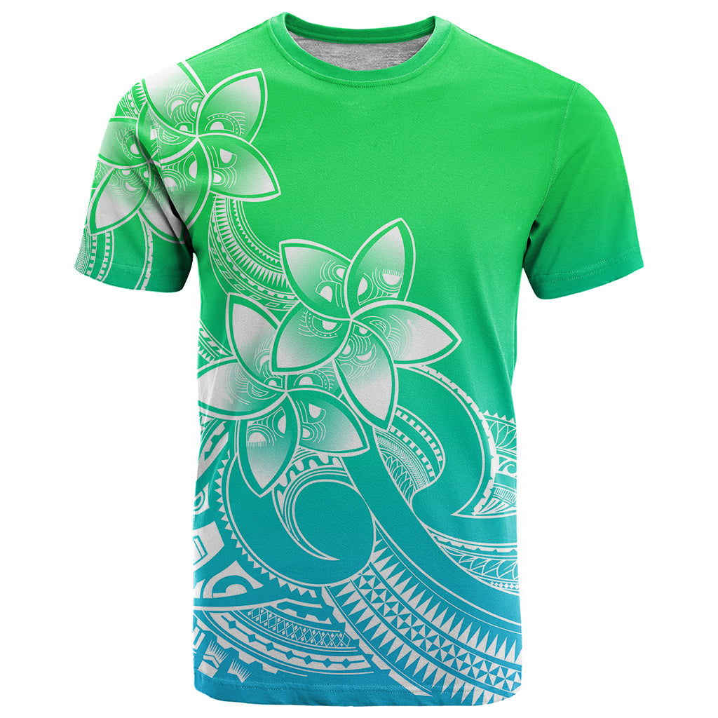 Polynesian Pride Plumeria Flowers T Shirt Polynesian Tribal Gradient Green - Wonder Print Shop