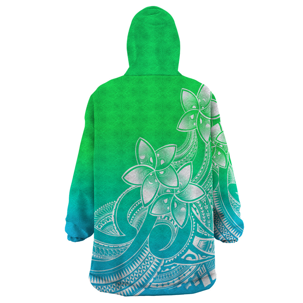 Polynesian Pride Plumeria Flowers Wearable Blanket Hoodie Polynesian Tribal Gradient Green - Wonder Print Shop