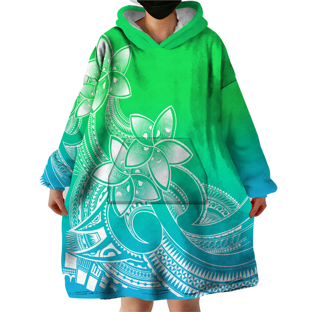 Polynesian Pride Plumeria Flowers Wearable Blanket Hoodie Polynesian Tribal Gradient Green - Wonder Print Shop