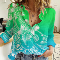 Polynesian Pride Plumeria Flowers Women Casual Shirt Polynesian Tribal Gradient Green - Wonder Print Shop