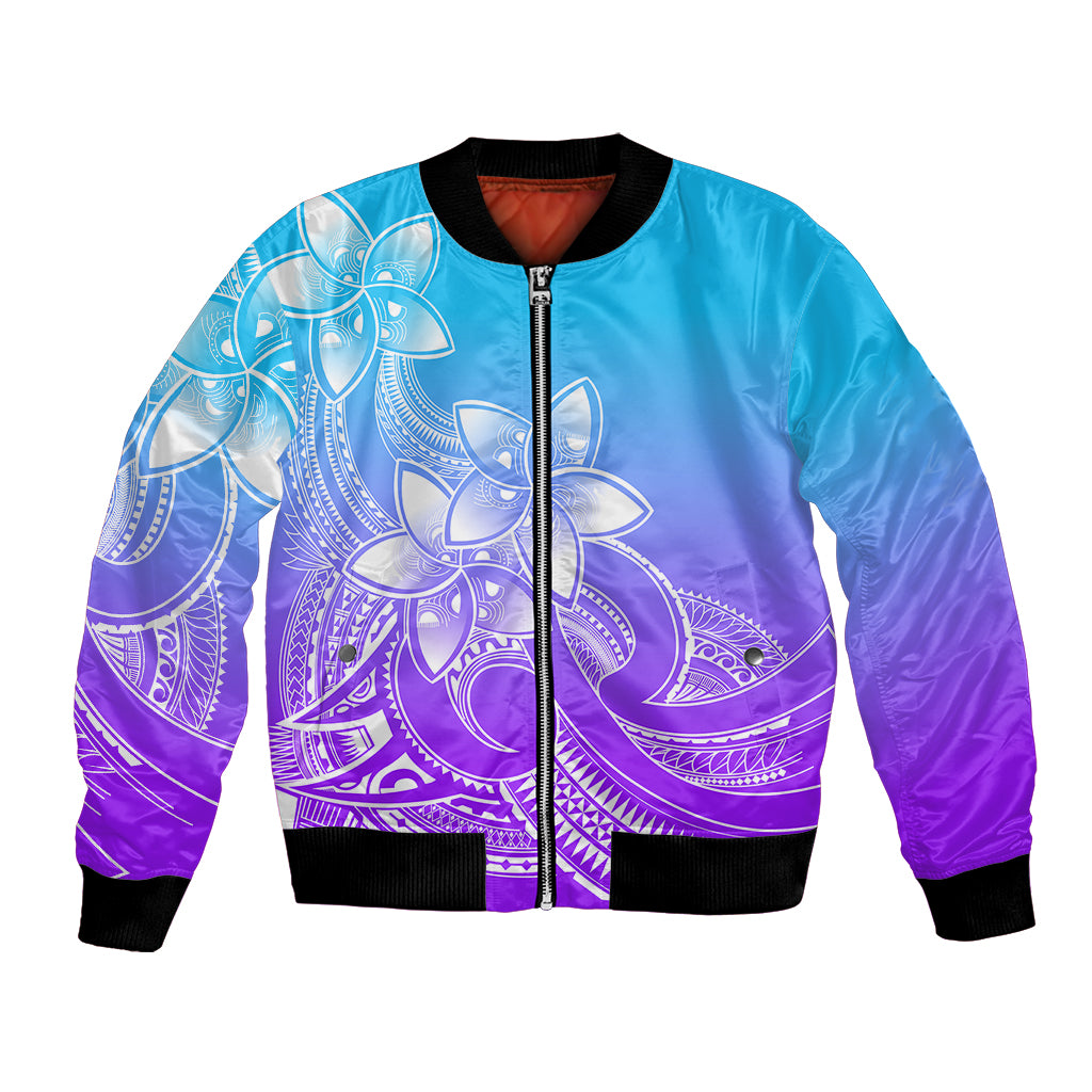 Polynesian Pride Plumeria Flowers Bomber Jacket Polynesian Tribal Gradient Purple LT9 - Wonder Print Shop
