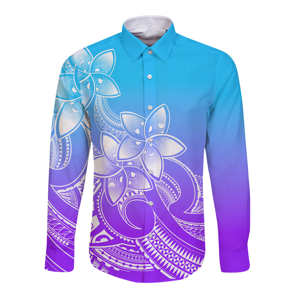 Polynesian Pride Plumeria Flowers Long Sleeve Button Shirt Polynesian Tribal Gradient Purple - Wonder Print Shop