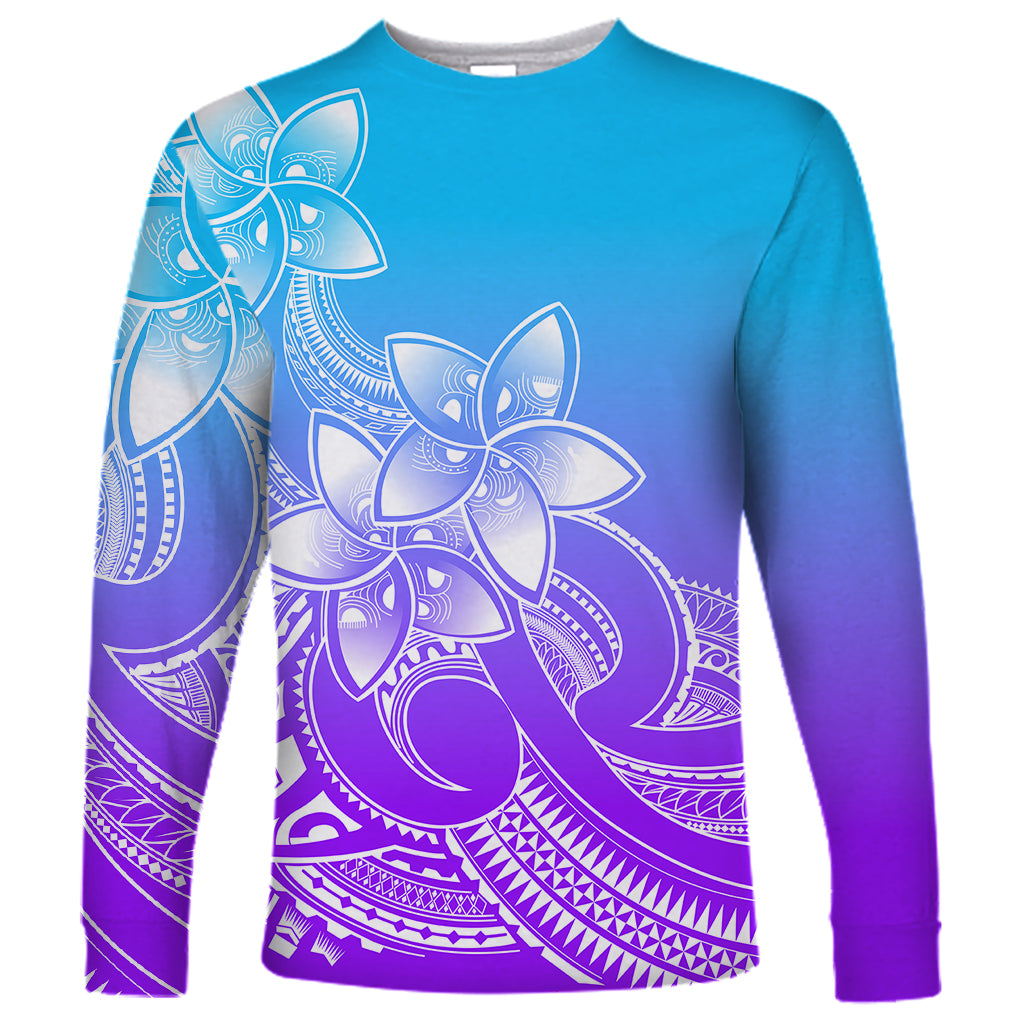 Polynesian Pride Plumeria Flowers Long Sleeve Shirt Polynesian Tribal Gradient Purple - Wonder Print Shop