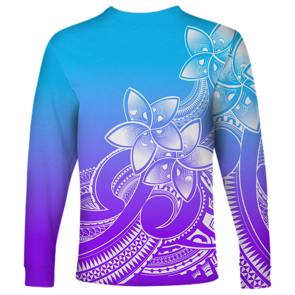 Polynesian Pride Plumeria Flowers Long Sleeve Shirt Polynesian Tribal Gradient Purple - Wonder Print Shop
