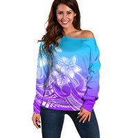 Polynesian Pride Plumeria Flowers Off Shoulder Sweater Polynesian Tribal Gradient Purple - Wonder Print Shop