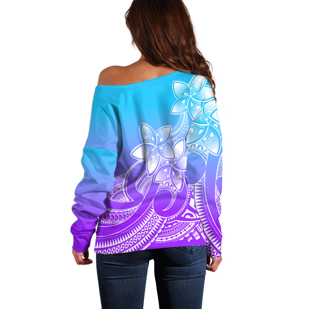 Polynesian Pride Plumeria Flowers Off Shoulder Sweater Polynesian Tribal Gradient Purple - Wonder Print Shop