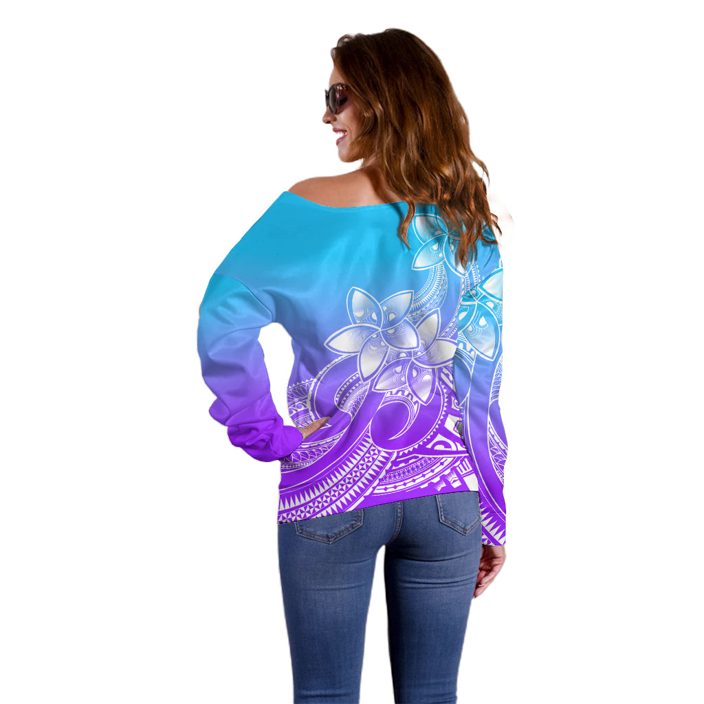Polynesian Pride Plumeria Flowers Off Shoulder Sweater Polynesian Tribal Gradient Purple - Wonder Print Shop