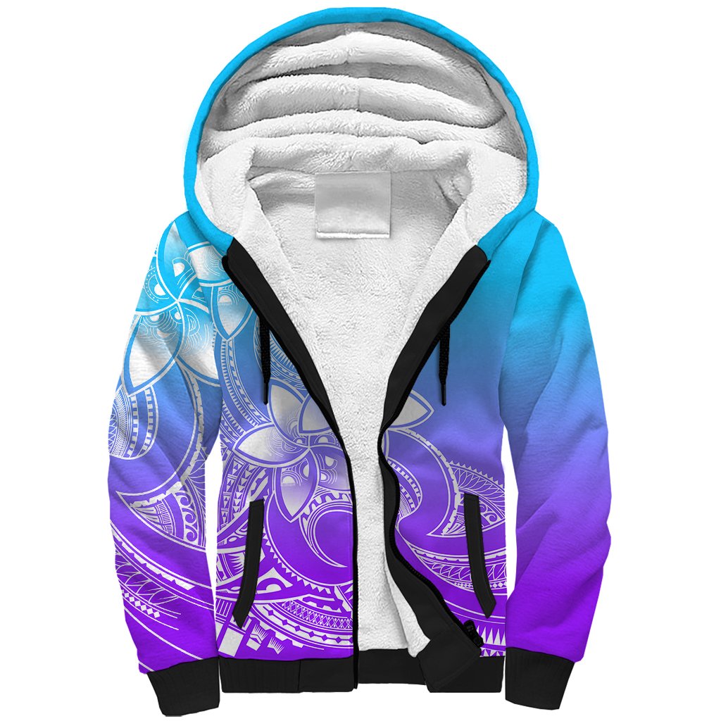 Polynesian Pride Plumeria Flowers Sherpa Hoodie Polynesian Tribal Gradient Purple - Wonder Print Shop