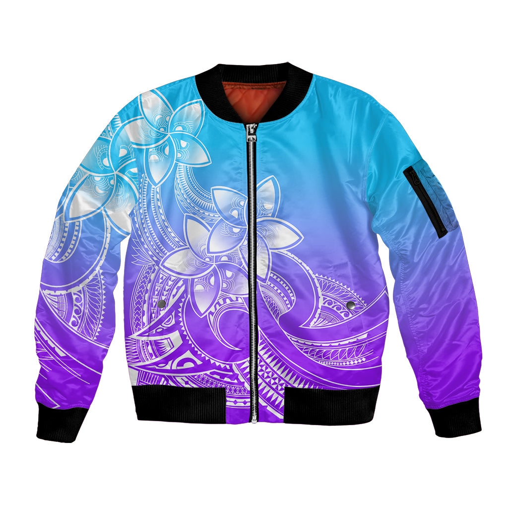 Polynesian Pride Plumeria Flowers Sleeve Zip Bomber Jacket Polynesian Tribal Gradient Purple - Wonder Print Shop