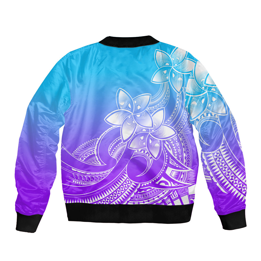 Polynesian Pride Plumeria Flowers Sleeve Zip Bomber Jacket Polynesian Tribal Gradient Purple - Wonder Print Shop