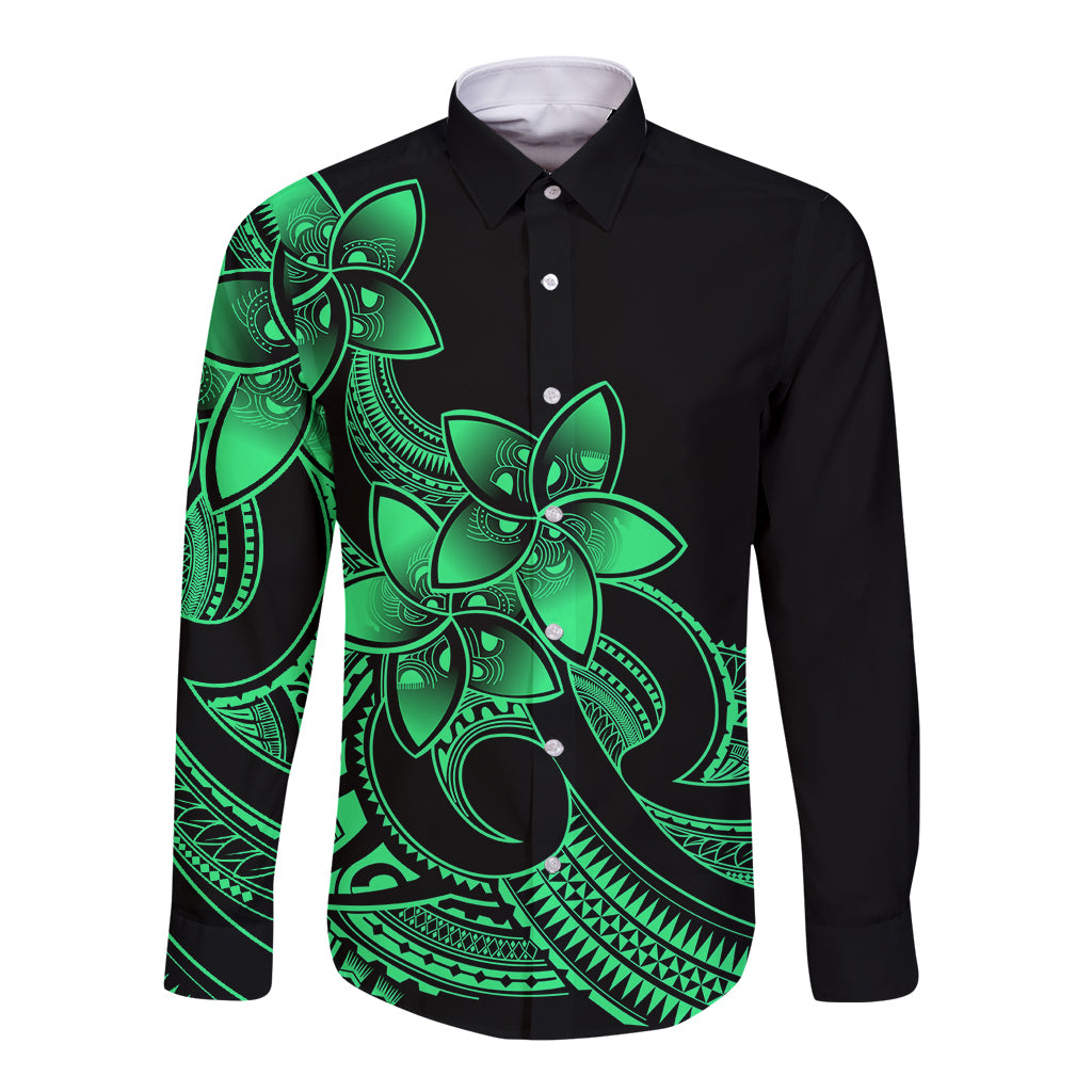 Polynesian Pride Plumeria Flowers Long Sleeve Button Shirt Polynesian Tribal Green Vibe - Wonder Print Shop