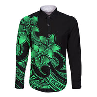 Polynesian Pride Plumeria Flowers Long Sleeve Button Shirt Polynesian Tribal Green Vibe - Wonder Print Shop