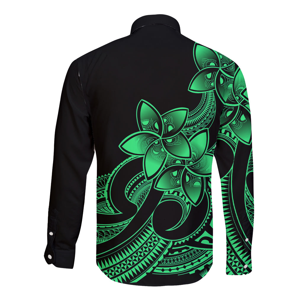 Polynesian Pride Plumeria Flowers Long Sleeve Button Shirt Polynesian Tribal Green Vibe - Wonder Print Shop