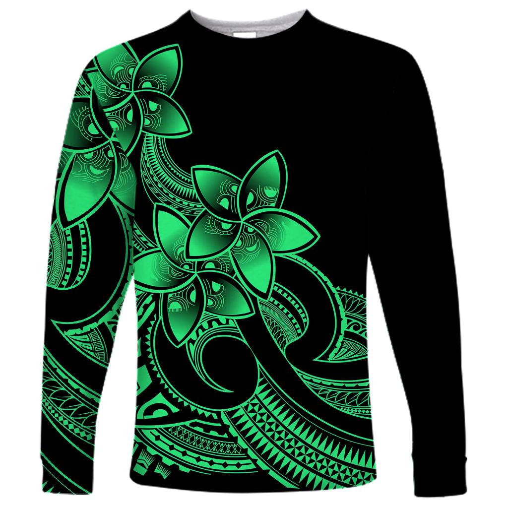 Polynesian Pride Plumeria Flowers Long Sleeve Shirt Polynesian Tribal Green Vibe - Wonder Print Shop