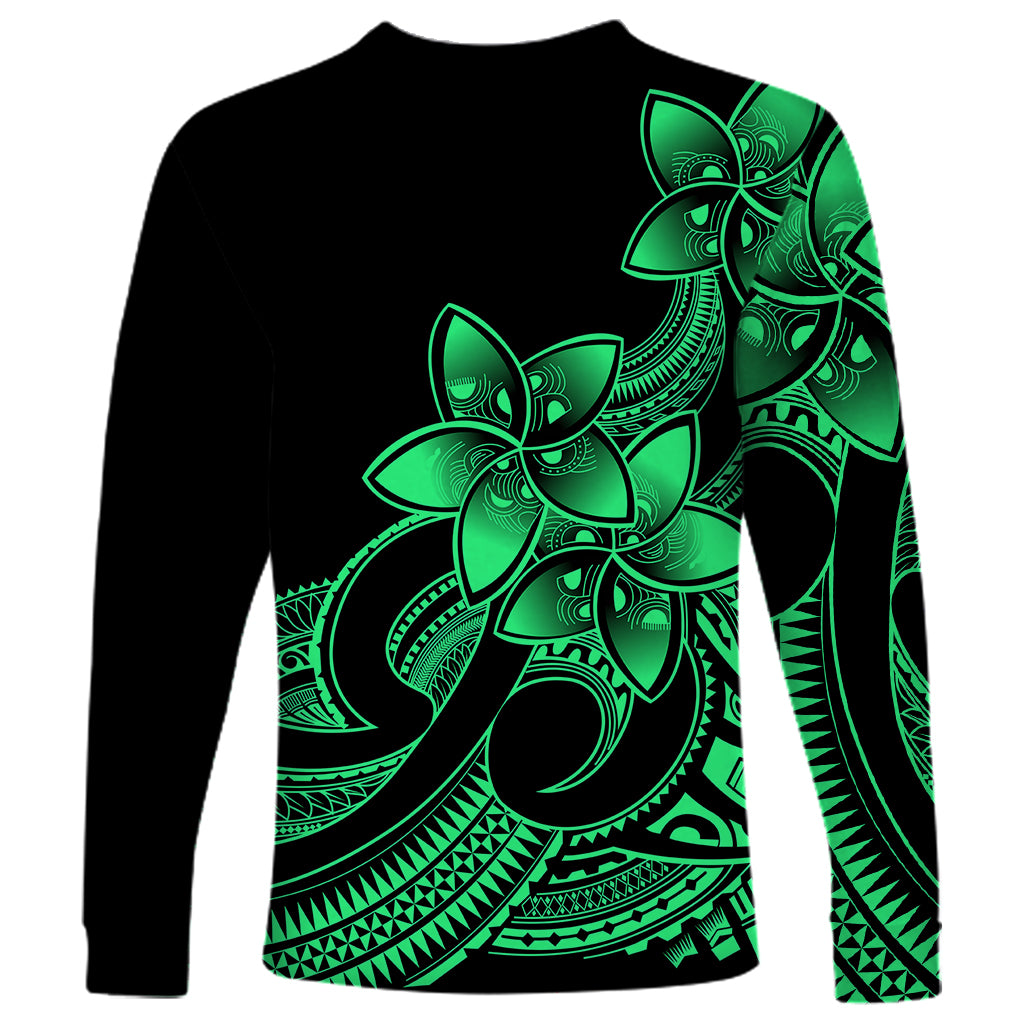 Polynesian Pride Plumeria Flowers Long Sleeve Shirt Polynesian Tribal Green Vibe - Wonder Print Shop