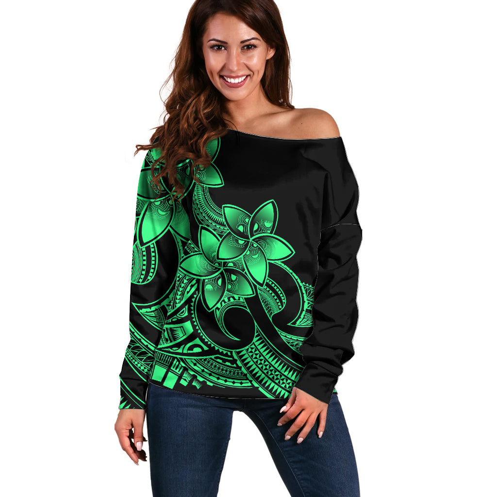Polynesian Pride Plumeria Flowers Off Shoulder Sweater Polynesian Tribal Green Vibe - Wonder Print Shop