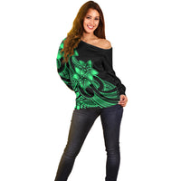 Polynesian Pride Plumeria Flowers Off Shoulder Sweater Polynesian Tribal Green Vibe - Wonder Print Shop