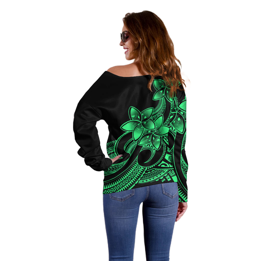 Polynesian Pride Plumeria Flowers Off Shoulder Sweater Polynesian Tribal Green Vibe - Wonder Print Shop