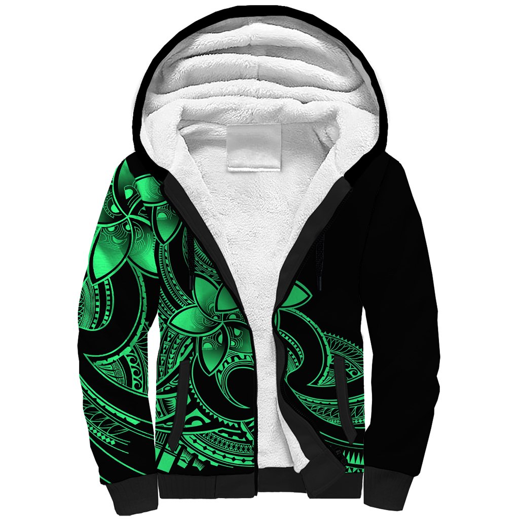 Polynesian Pride Plumeria Flowers Sherpa Hoodie Polynesian Tribal Green Vibe - Wonder Print Shop