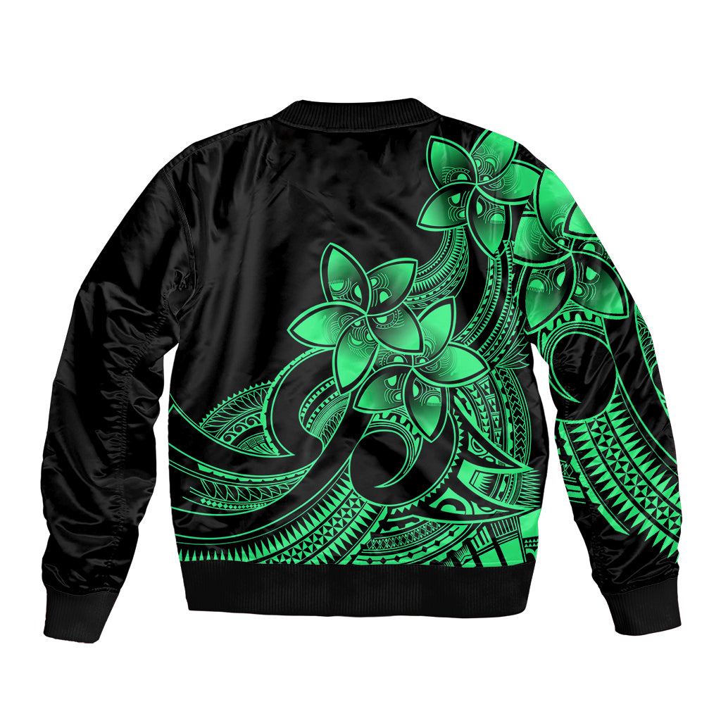 Polynesian Pride Plumeria Flowers Sleeve Zip Bomber Jacket Polynesian Tribal Green Vibe - Wonder Print Shop