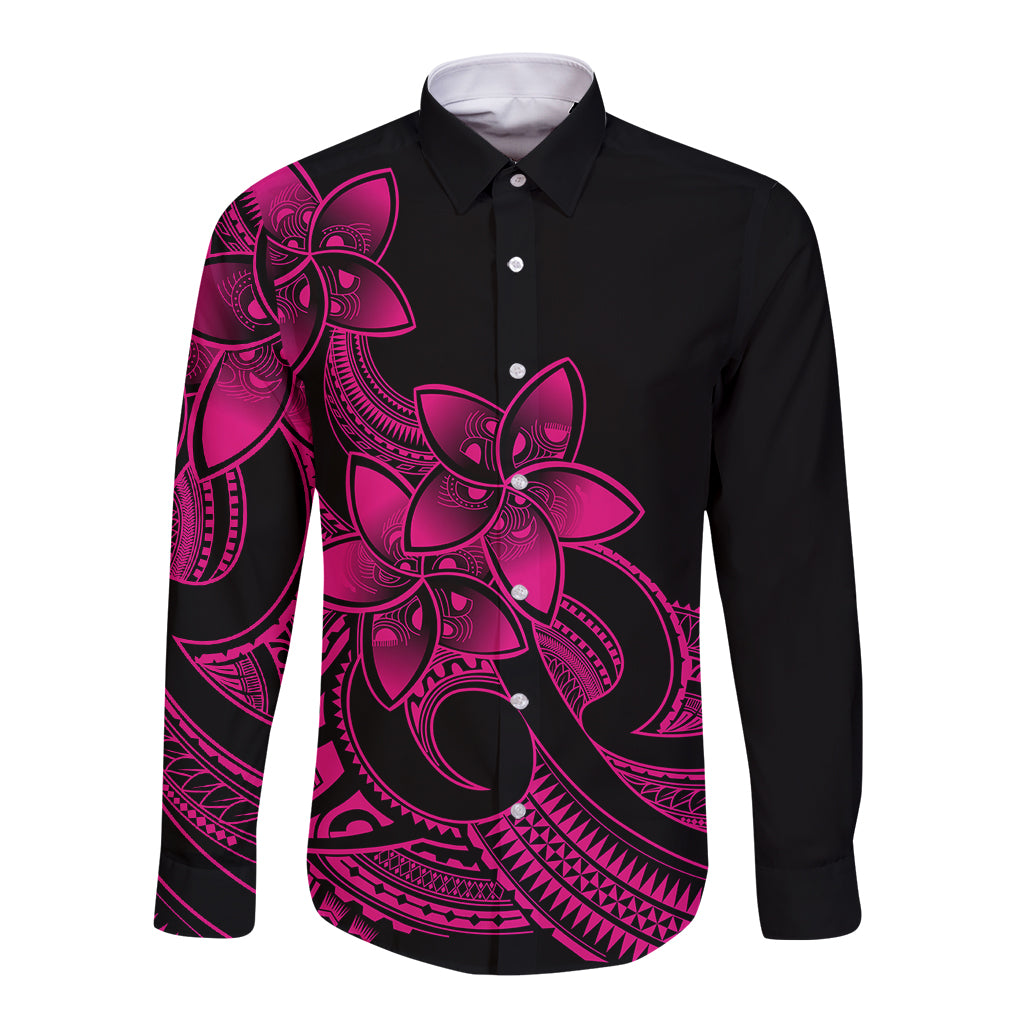 Polynesian Pride Plumeria Flowers Long Sleeve Button Shirt Polynesian Tribal Pink Vibe - Wonder Print Shop